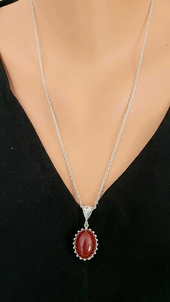 925 Ayar Gümüş 50 Forse Zincirli Oval Akik Kolye ürün görseli 1