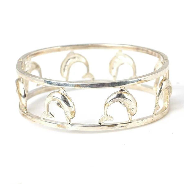 925 Ayar Gümüş Kare Şarnelli Yunuslu Bilezik ürün görseli 1