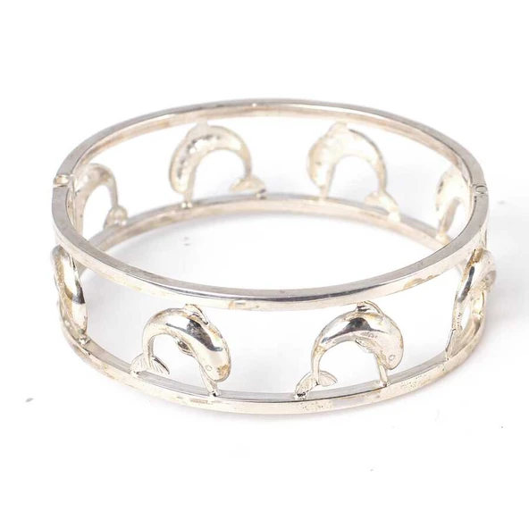 925 Ayar Gümüş Kare Şarnelli Yunuslu Bilezik - Resim 2