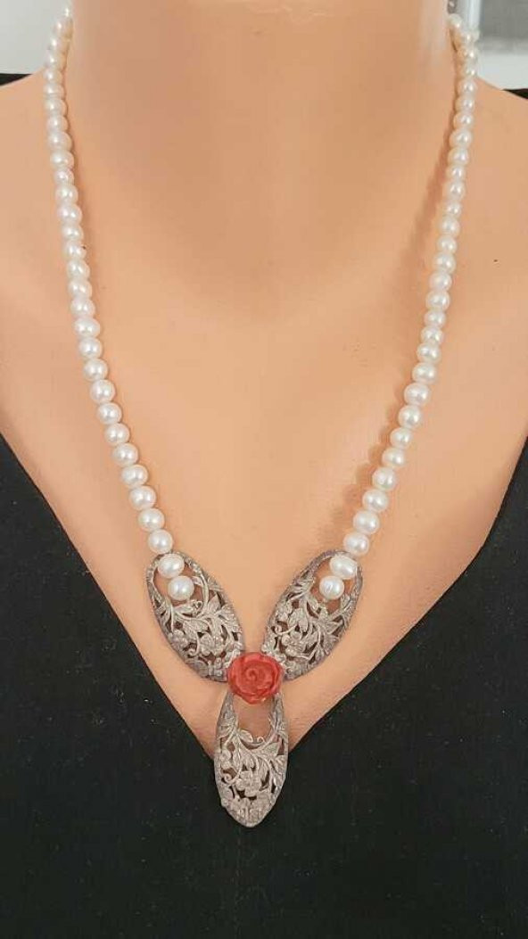 925 Ayar Gümüş Mercan Güllü İncili Kolye