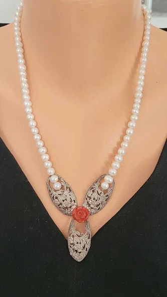 925 Ayar Gümüş Mercan Güllü İncili Kolye ürün görseli