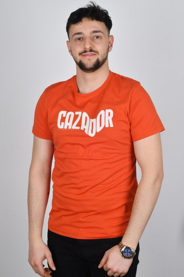 Cazador 23YCEEO04086 Erkek Kiremit Önü Baskılı Bisiklet Yaka T-Shirt