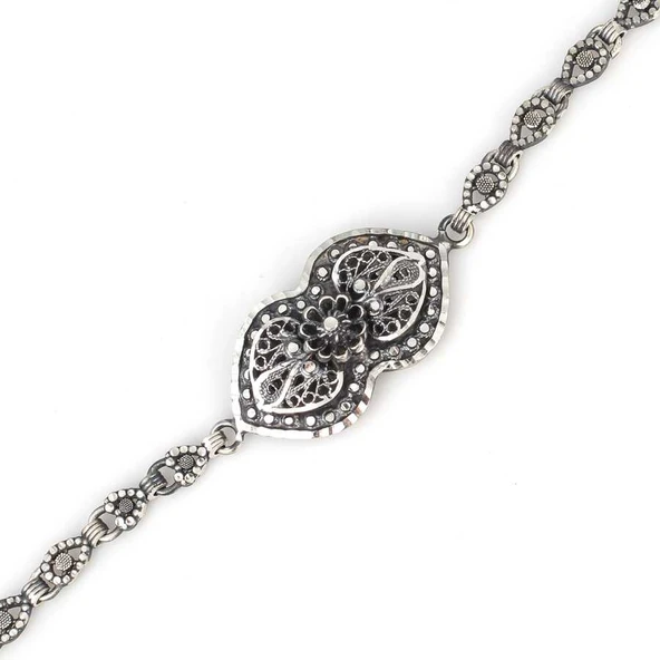 925 Ayar Gümüş Oksitli Elişi Kalemli Kalp Motifli Bileklik - Resim 2