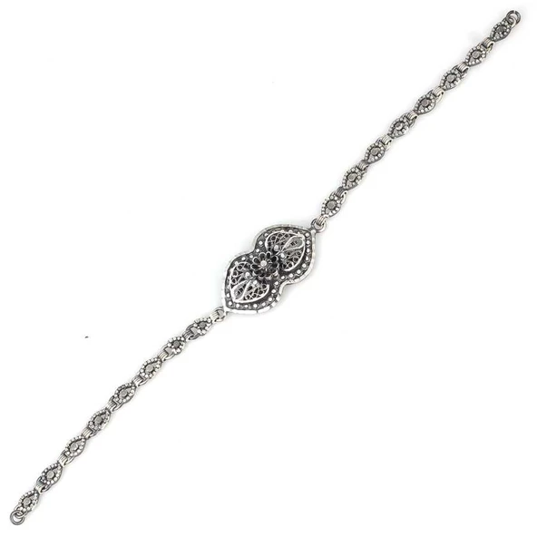 925 Ayar Gümüş Oksitli Elişi Kalemli Kalp Motifli Bileklik - Resim 3