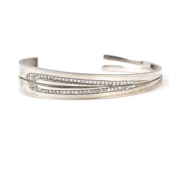 925 Ayar Gümüş Beyaz Taşlı Beyaz Renk Çiftli Astar Bilezik - Resim 2