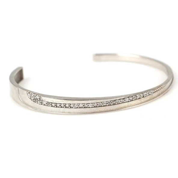 925 Ayar Gümüş Beyaz Taşlı Beyaz Renk Çiftli Astar Bilezik - Resim 3