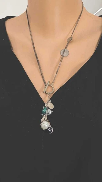 925 Gümüş İncili Paralı Püskül Kolye - Resim 2