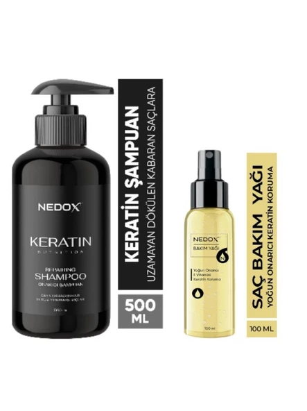 NEDOX Keratinli Saç Bakım Şampuanı 500 ml+Keratin Özlü Onarıcı E Vitaminli Saç Bakım Yağı 100 ml