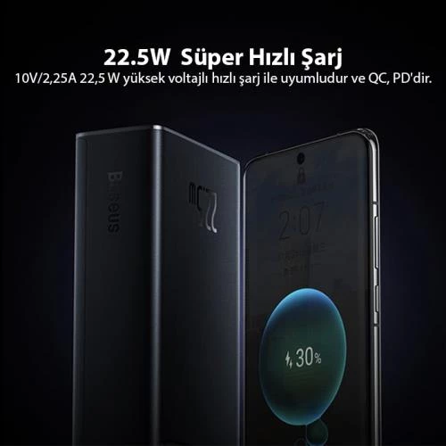 Baseus Süper Hızlı 22.5W 20000mAh Powerbank, Dijital Göstergeli 2x USB, 1x Type C Girişli Powerbank - 7