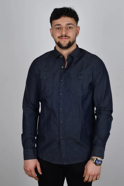Cazador 22YCEEO02706 Erkek Lacivert Önü Cepli Kot Gömlek
