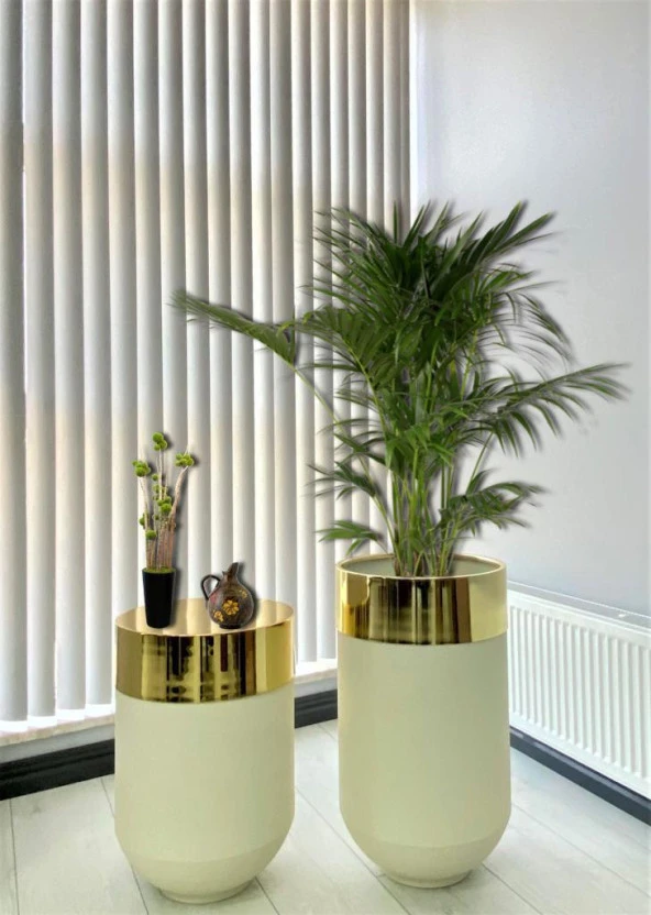 Dekoratif Gold Darbuka Beyaz Saksı 70cm + Sehpa 60cm İkili Set ürün görseli 1