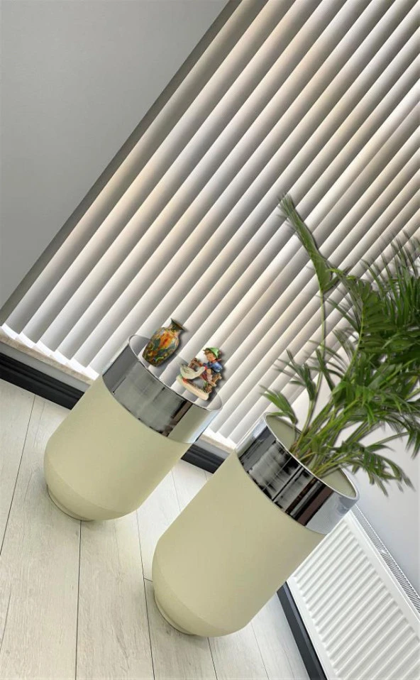 Dekoratif Krom Darbuka Beyaz Saksı 70cm + Sehpa 60cm İkili Set - Resim 2