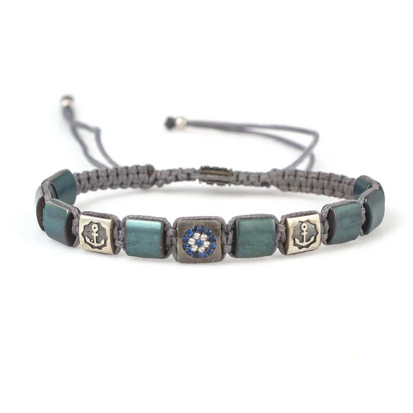 925 Ayar Gümüş Hematit Taşlı Gri İpli Bileklik ürün görseli