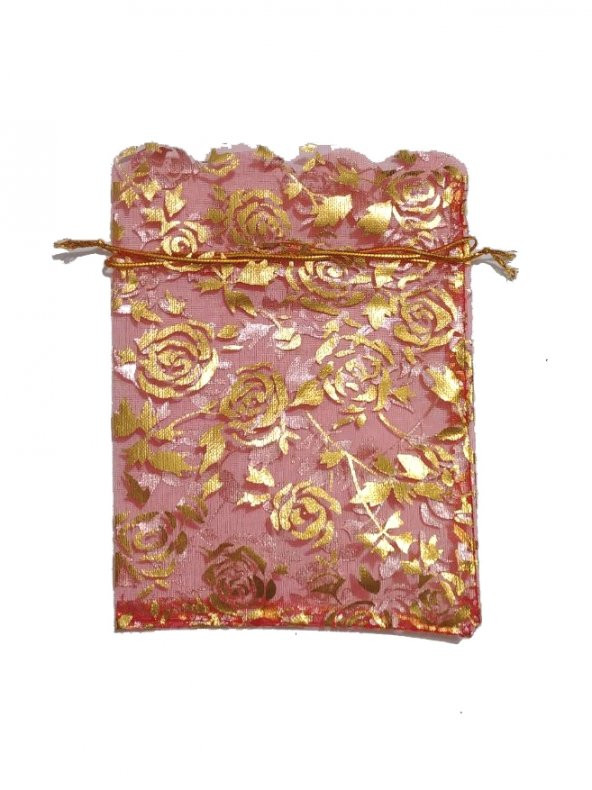 50 Adet Kırmızı Altın İşlemeli Şeffaf Bez Kına Düğün Mevlüt Sünnet Hediye Kesesi 16cmx 12c Kese Çanta - 3