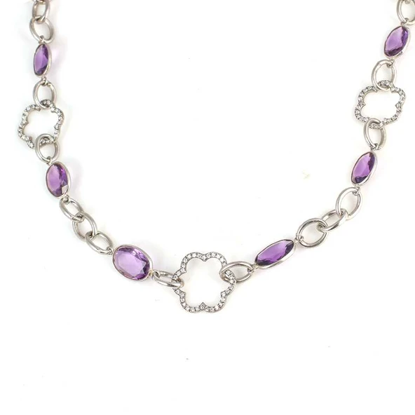 925 Ayar Gümüş Ametist Taşlı Zincir Halkalı Kolye - Resim 3