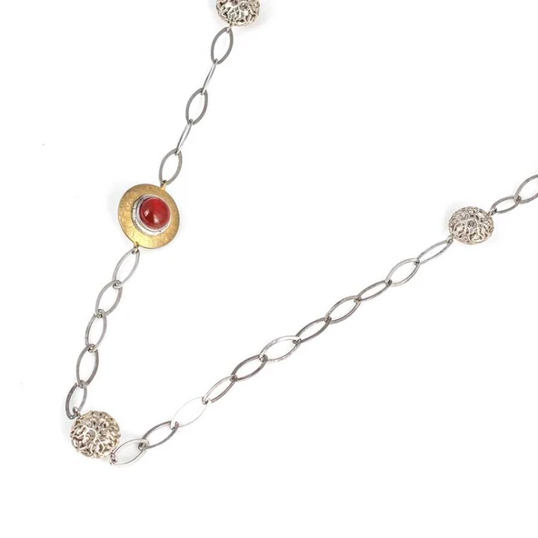 925 Ayar Gümüş Akik Taşlı ve Halkalı Ajurlu Toplu Uzun Kolye - Resim 4