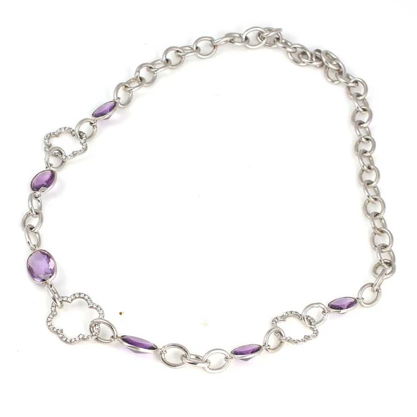 925 Ayar Gümüş Ametist Taşlı Zincir Halkalı Kolye - Resim 2