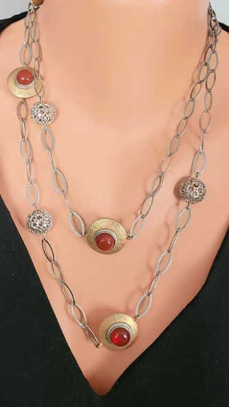 925 Ayar Gümüş Akik Taşlı ve Halkalı Ajurlu Toplu Uzun Kolye ürün görseli 1