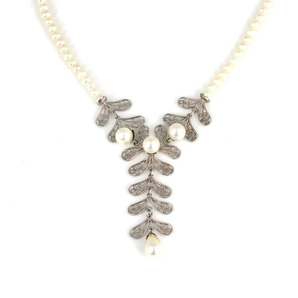 925 Ayar Gümüş İncili Telkâri Kolye - Resim 4