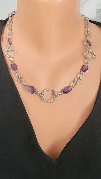 925 Ayar Gümüş Ametist Taşlı Zincir Halkalı Kolye ürün görseli 1