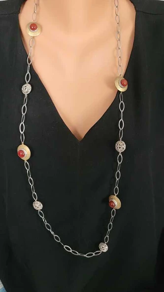 925 Ayar Gümüş Akik Taşlı ve Halkalı Ajurlu Toplu Uzun Kolye - Resim 3