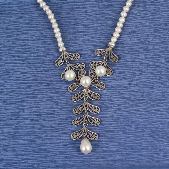 925 Ayar Gümüş İncili Telkâri Kolye - Resim 3