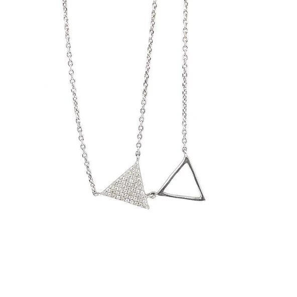 925 Ayar Gümüş İkili Üçgen Kolye - Resim 3