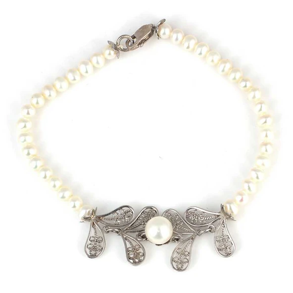 925 Ayar Gümüş Telkâri Yapraklı İncili Model Bileklik - Resim 2