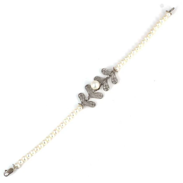 925 Ayar Gümüş Telkâri Yapraklı İncili Model Bileklik - Resim 4