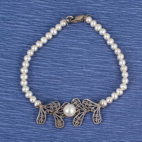 925 Ayar Gümüş Telkâri Yapraklı İncili Model Bileklik - Resim 3