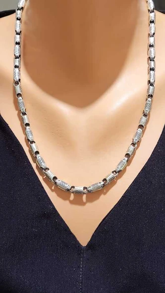 925 Ayar Gümüş 50 Cm Döküm İşlemeli Zincir Kolye - Resim 6