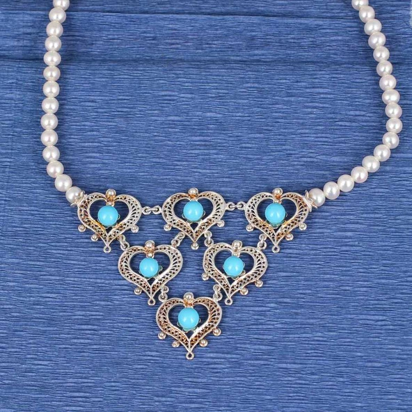 925 Ayar Gümüş Firuze Ve İnci Taşlı Kalpli Kolye - Resim 2
