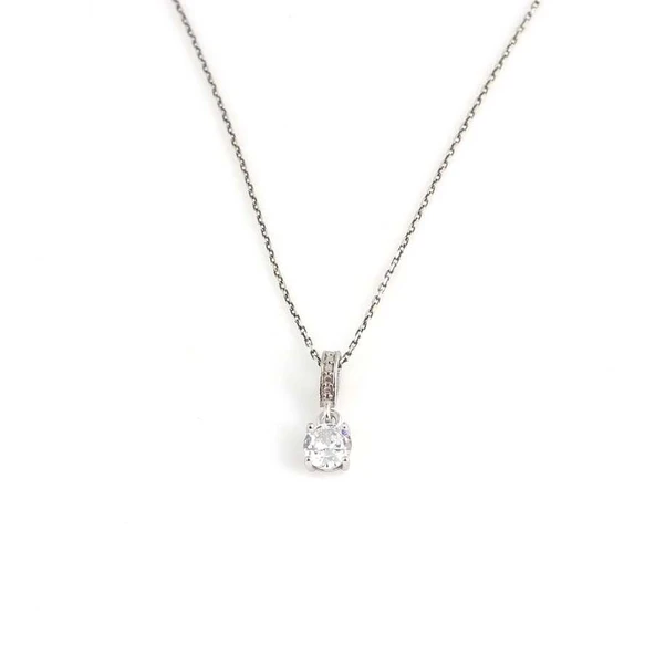 925 Ayar Gümüş Yuvarlak Küçük Zirkon Taşlı Kolye - Resim 2