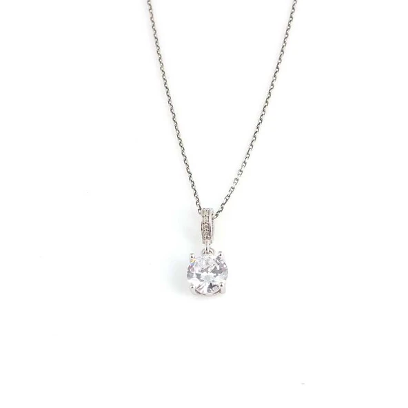 925 Ayar Gümüş Yuvarlak Büyük Boy Zirkon Taşlı Kolye - Resim 2