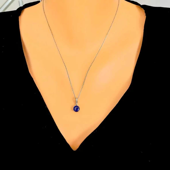 925 Ayar Gümüş Yuvarlak Büyük Boy Safir Taşlı Kolye ürün görseli 1