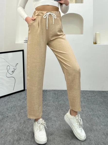 Krem Renk Keten Kumaş Havuç Model Pantolon - 11