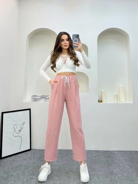 Pudra Renk Keten Kumaş Havuç Model Pantolon - 11