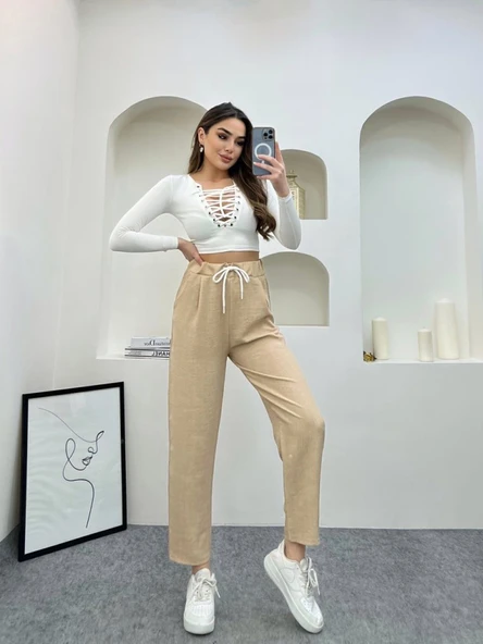 Krem Renk Keten Kumaş Havuç Model Pantolon - 10