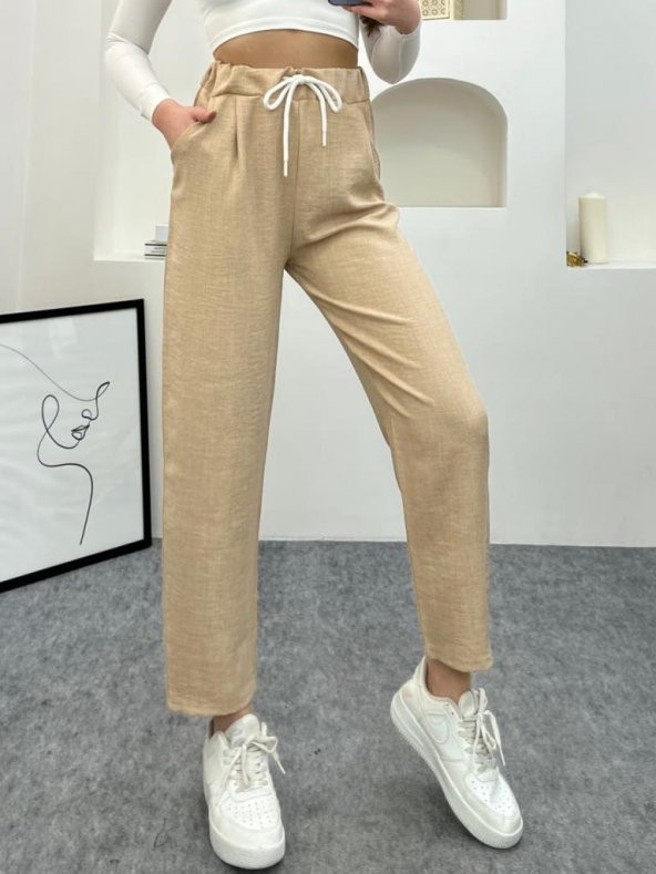 Krem Renk Keten Kumaş Havuç Model Pantolon - 2