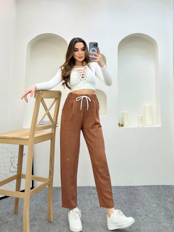 Kahve Renk Keten Kumaş Havuç Model Pantolon - 3