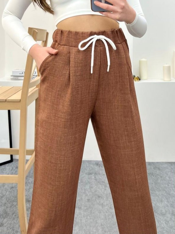 Kahve Renk Keten Kumaş Havuç Model Pantolon - 6