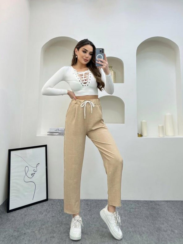 Krem Renk Keten Kumaş Havuç Model Pantolon - 8