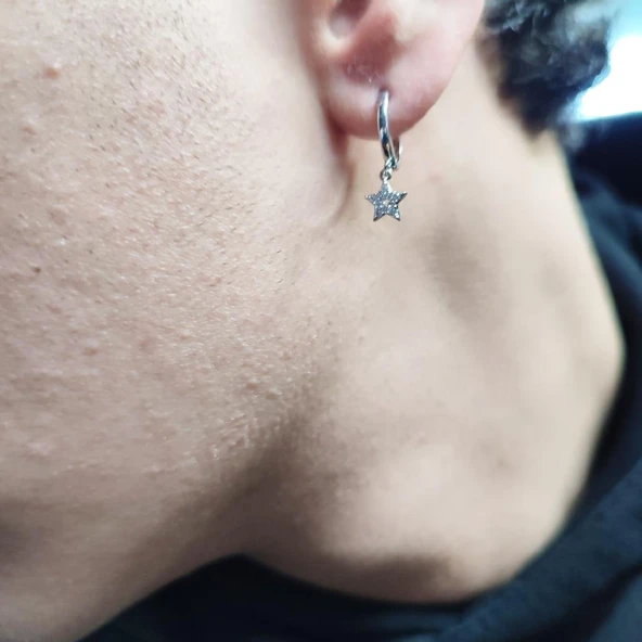 Gümüş Renk Halka Model Parlak Taşlı Erkek Küpe - 10