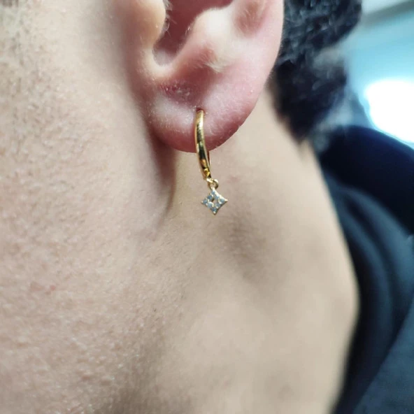 Altın Renk Halka Model Parlak Taşlı Erkek Küpe - 6