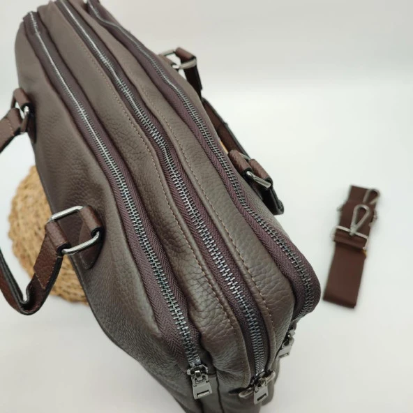 Deri Evrak Çantası Leptop Çantası Orta Boy Kahve Renk - 11