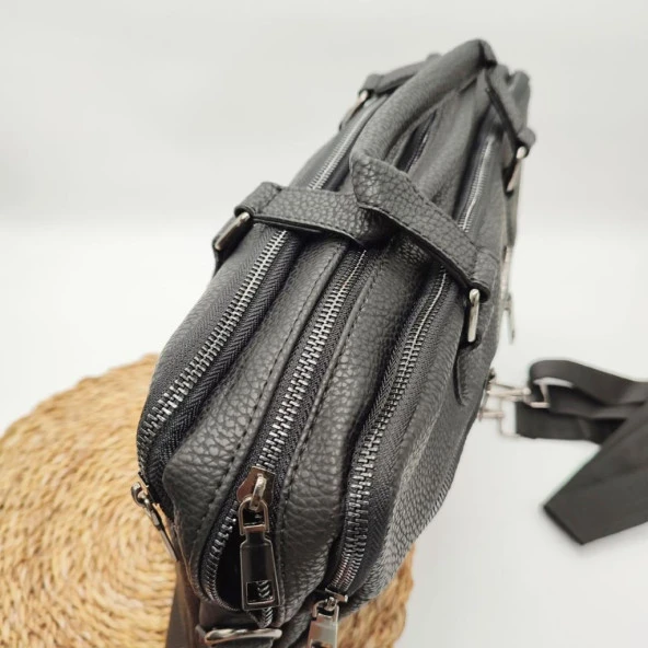 Deri Evrak Çantası Leptop Çantası Orta Boy Siyah Renk - 8