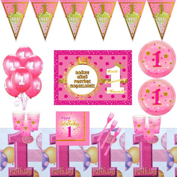 1 Yaş Pembe 16 Kişilik Doğum Günü Parti Malzemeleri Süsleri Seti