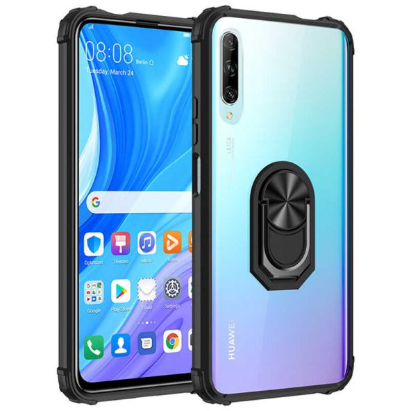 Huawei P Smart Pro 2019 Kılıf Yüzüklü Arkası Şeffaf Antişok Silikon Kapak