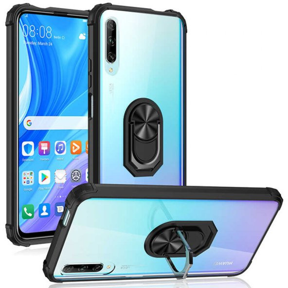 Huawei P Smart Pro 2019 Kılıf Yüzüklü Arkası Şeffaf Antişok Silikon Kapak - 9