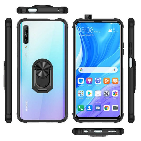 Huawei P Smart Pro 2019 Kılıf Yüzüklü Arkası Şeffaf Antişok Silikon Kapak - 10